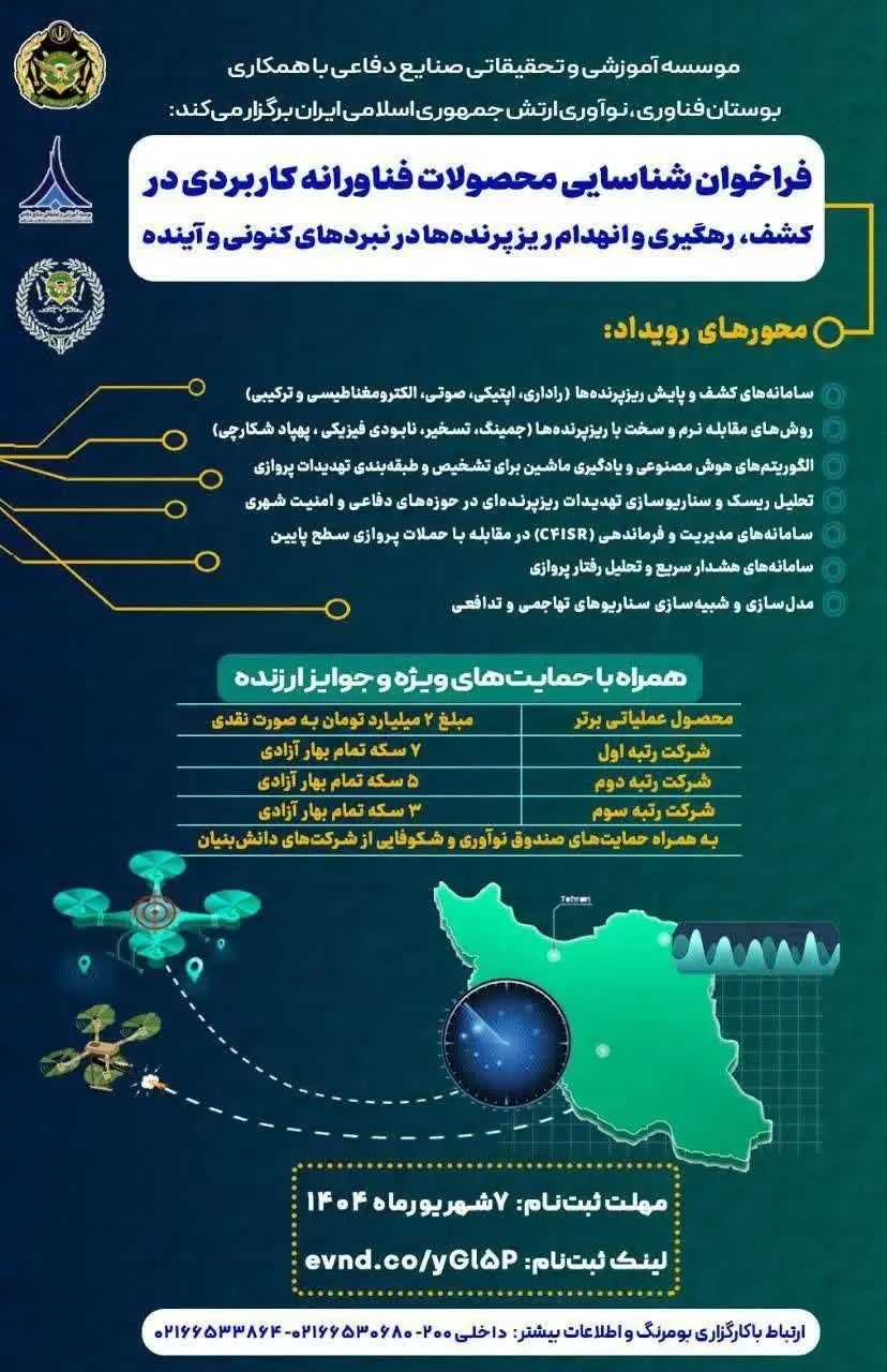 فراخوان فناوریهای رهگیری و انهدام ریزپرندهها با جایزه ۲ میلیاردی + عکس فراخوان فناوریهای رهگیری و انهدام ریزپرندهها با جایزه ۲ میلیاردی + عکس