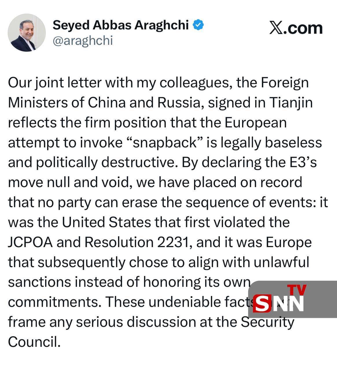 توضیحات عراقچی درباره نامه مشترک وزرای خارجه ایران، روسیه و چین به دبیرکل و رئیس شورای امنیت سازمان ملل متحد