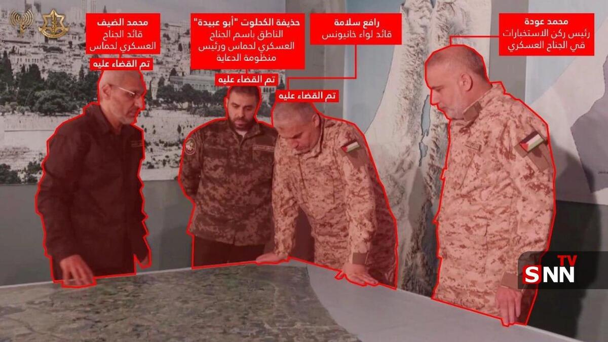 تصویری از حضور ابوعبیده سخنگوی نظامی حماس در کنار فرماندهان شهید