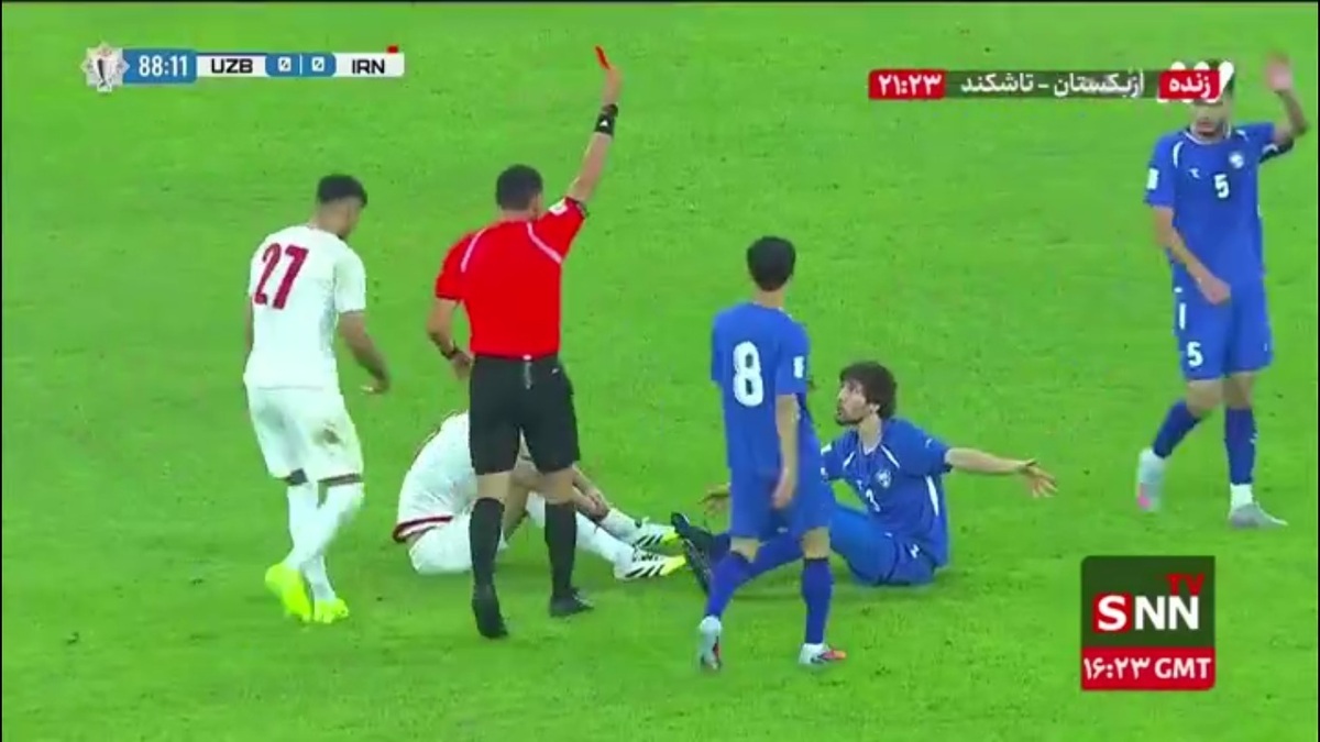 اخراج بازیکن ازبکستان در دقیقه ۸۸ با خطا روی مهدی طارمی پس از دریبل زیبا