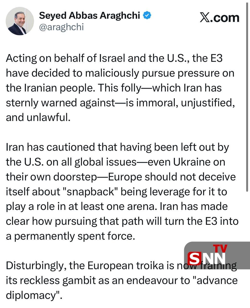 عراقچی: اقدام سه کشور اروپایی علیه ایران، غیرقانونی و مخرب است