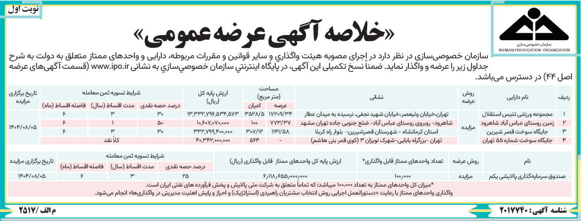 واگذاری داراییهای دولت سرعت گرفت/مزایده زمین استقلال و پالایشی یکم واگذاری داراییهای دولت سرعت گرفت/مزایده زمین استقلال و پالایشی یکم