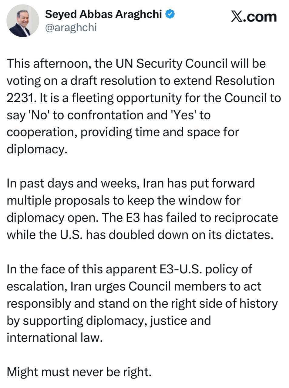 عراقچی خطاب به اعضای شورای امنیت: مسئولانه عمل کنید