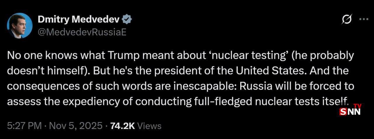 مدودف: اظهارات ترامپ درباره &laquo;آزمایش هسته&zwnj;ای&raquo; ممکن است روسیه را به سمت آزمایش کامل سوق دهد + عکس