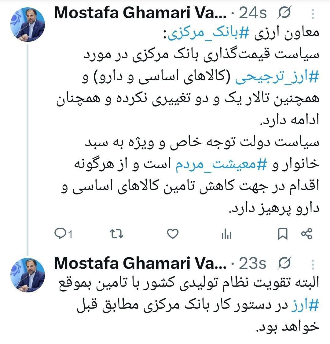 معاون ارزی بانک مرکزی: سیاست قیمت&zwnj;گذاری در مورد ارز ترجیحی تغییری نکرده و همچنان ادامه دارد + عکس