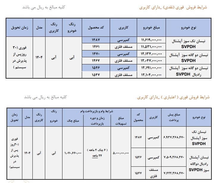 فروش فوری اقساطی وانت نیسان زامیاد (آذر ۱۴۰۴)