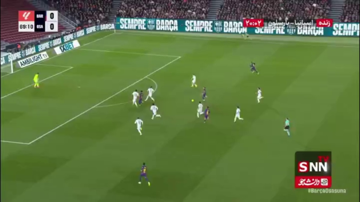 گل اول بارسلونا به اوساسونا توسط رافینیا در دقیقه 70