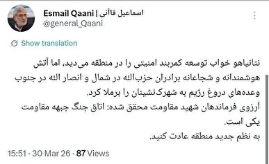 فرمانده نیروی قدس: آرزوی فرماندهان شهید مقاومت محقق شد / اتاق جنگ جبهه مقاومت یکی است
