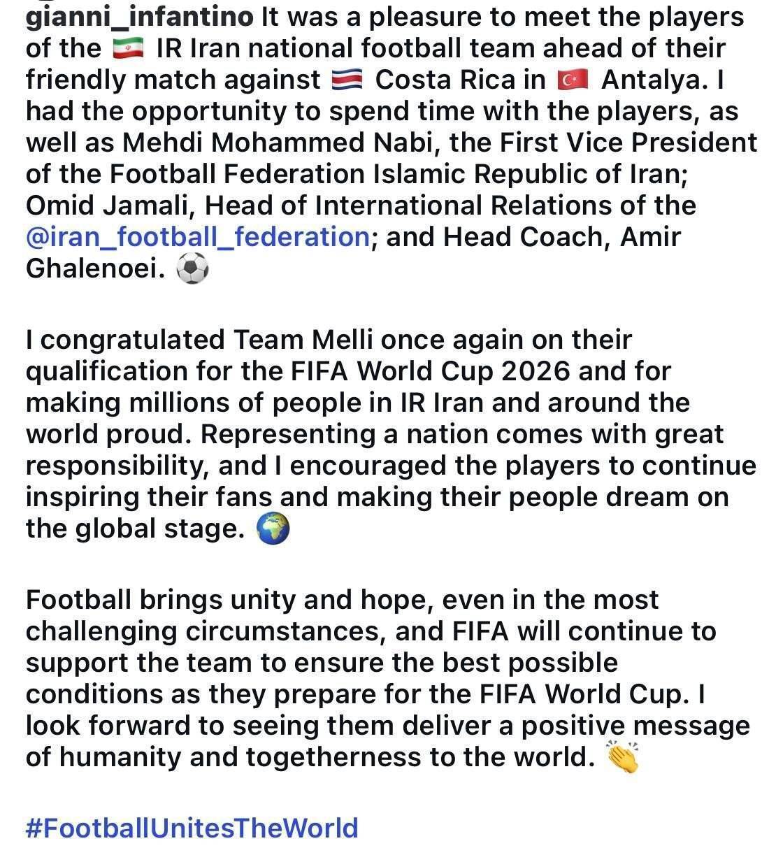 اینفانتینو: فیفا به حمایت از تیم ملی جمهوری اسلامی ایران ادامه می&zwnj;دهد