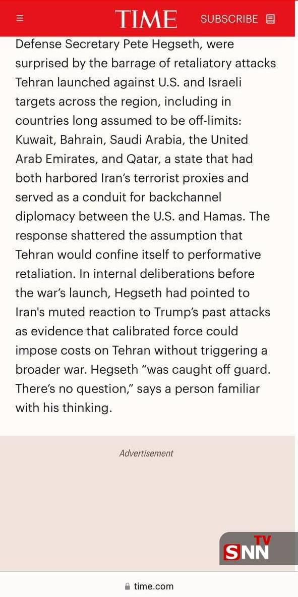 مجله تایم: وزیر جنگ آمریکا از حملات مقتدرانه ایران شوکه شد