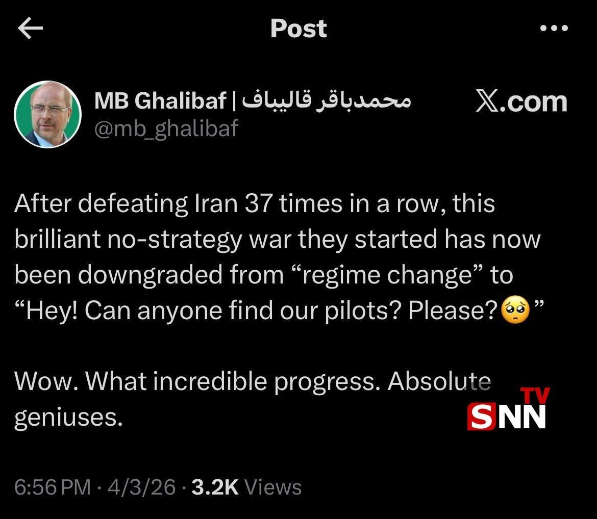 قالیباف: جنگی که آمریکایی&zwnj;ها راه&zwnj; انداختند از &laquo;تغییر رژیم&raquo; به &laquo;خلبان&zwnj;های ما را پیدا کنید؛لطفا&raquo; تنزل یافت