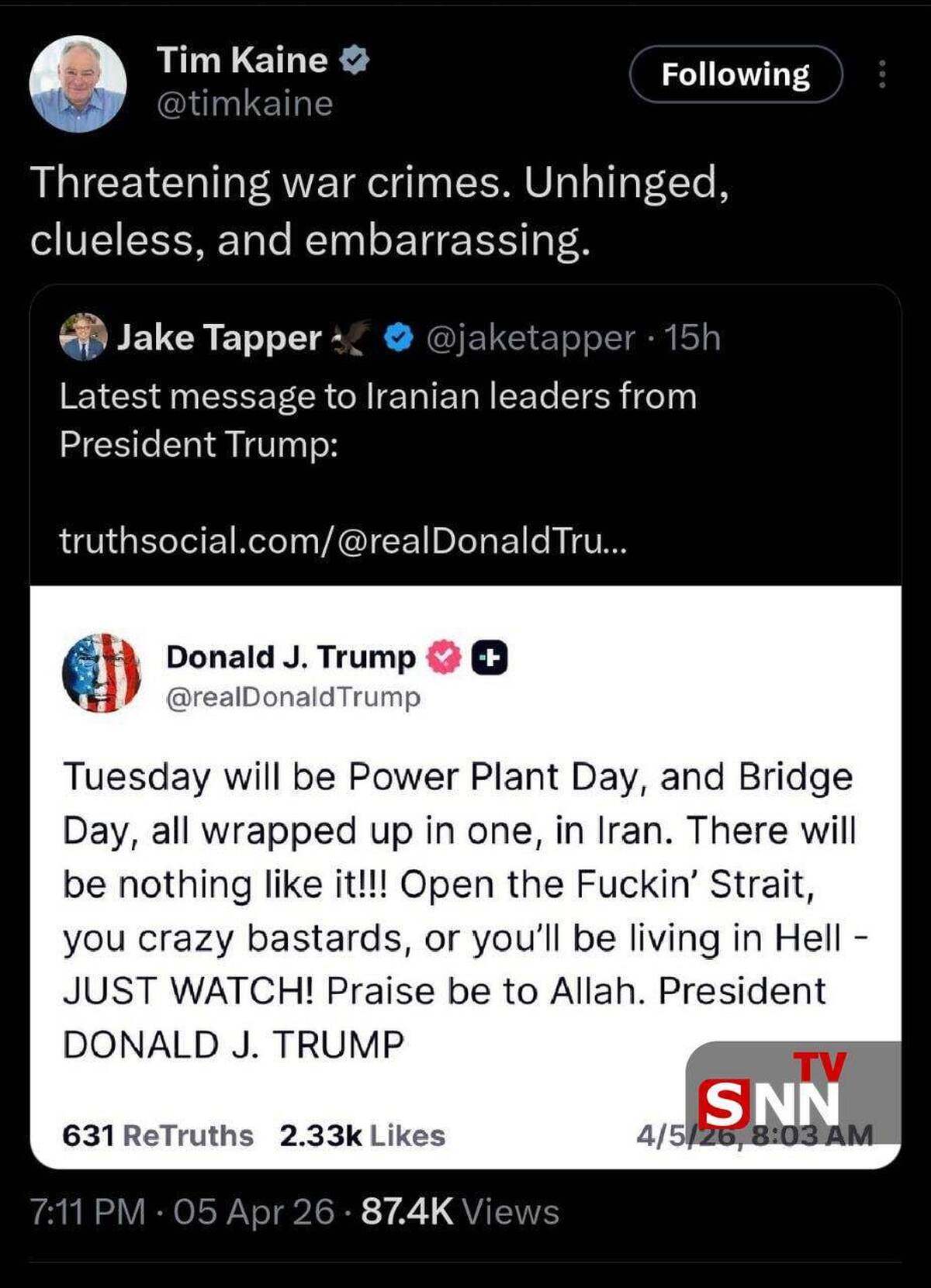 واکنش تیم کین سناتور ویرجینیا به اظهارات موهن ترامپ