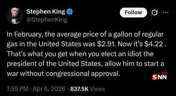 استیون کینگ: وضعیت فاجعهبار قیمت بنزین نتیجه انتخاب ترامپ احمق به عنوان رئیسجمهور است استیون کینگ: وضعیت فاجعهبار قیمت بنزین نتیجه انتخاب ترامپ احمق به عنوان رئیسجمهور است