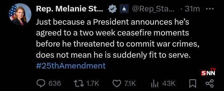 نماینده کنگره آمریکا: آتشبس جنایات جنگی ترامپ را پاک نمیکند نماینده کنگره آمریکا: آتشبس جنایات جنگی ترامپ را پاک نمیکند