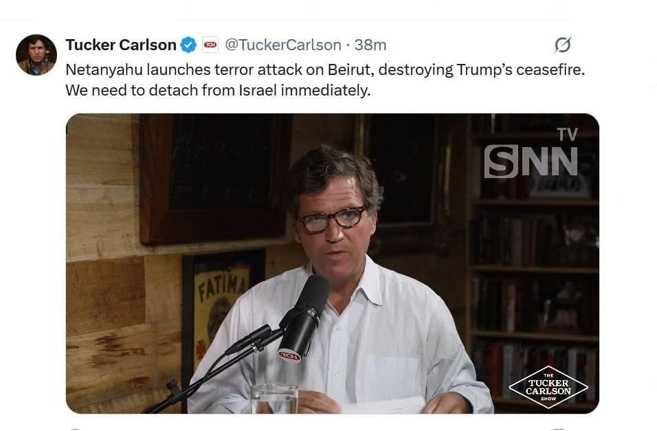تاکر کارلسون: نتانیاهو یک حملهٔ تروریستی به بیروت آغاز کرد و آتش&zwnj;بس ترامپ را نابود کرد. ما باید فوراً از اسرائیل فاصله بگیریم + عکس
