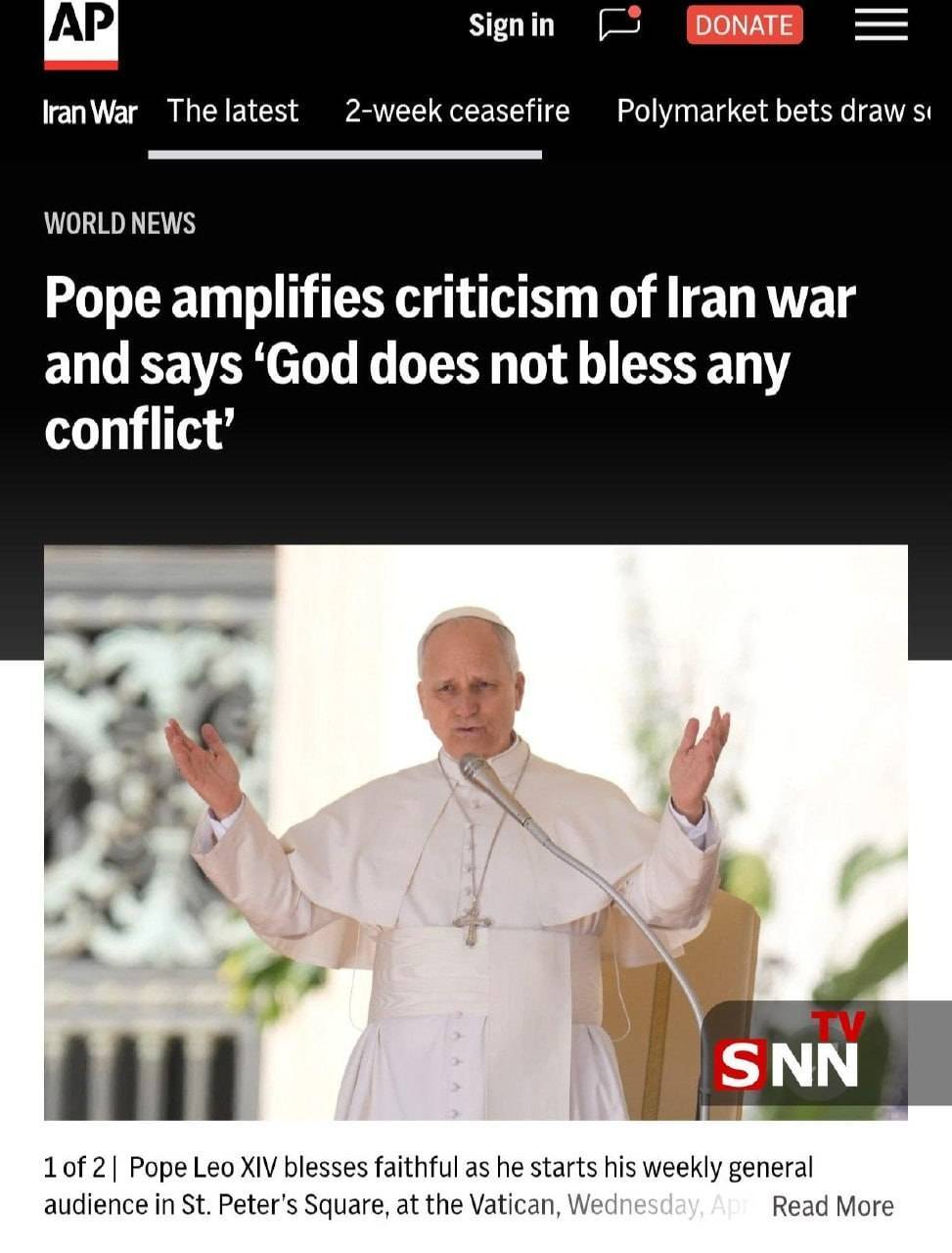 انتقاد دوبارهٔ پاپ از سران آمریکا: خداوند قطعاً در کنار کسانی که بر سر مردم بمب می&zwnj;اندازند، نمی&zwnj;ایستد + عکس