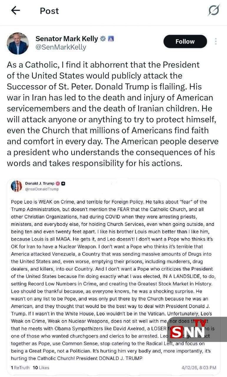 مارک کلی، سناتور آمریکایی: به عنوان یک کاتولیک، برای من نفرت&zwnj; انگیز است که رئیس&zwnj; جمهور ایالات متحده آشکارا به جانشین سنت پیتر حمله می&zwnj;کند