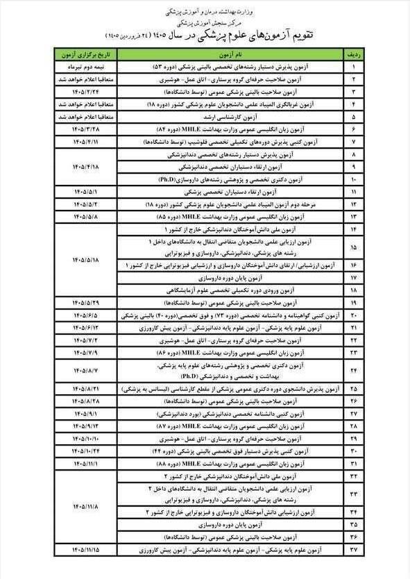 تقویم آزمونهای علوم پزشکی سال ۱۴۰۵ اعلام شد+ جزئیات تقویم آزمونهای علوم پزشکی سال ۱۴۰۵ اعلام شد+ جزئیات
