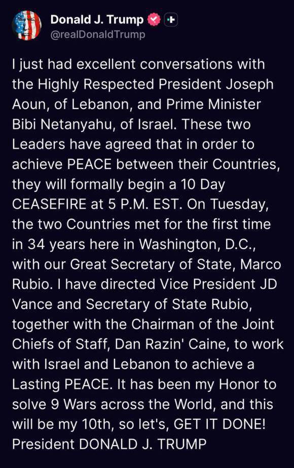 ترامپ مجبور به پذیرش شروط ایران شد/ ادعای رئیس&zwnj;جمهور تروریست آمریکا: آتش&zwnj;بس ۱۰ روزه در لبنان برقرار شد