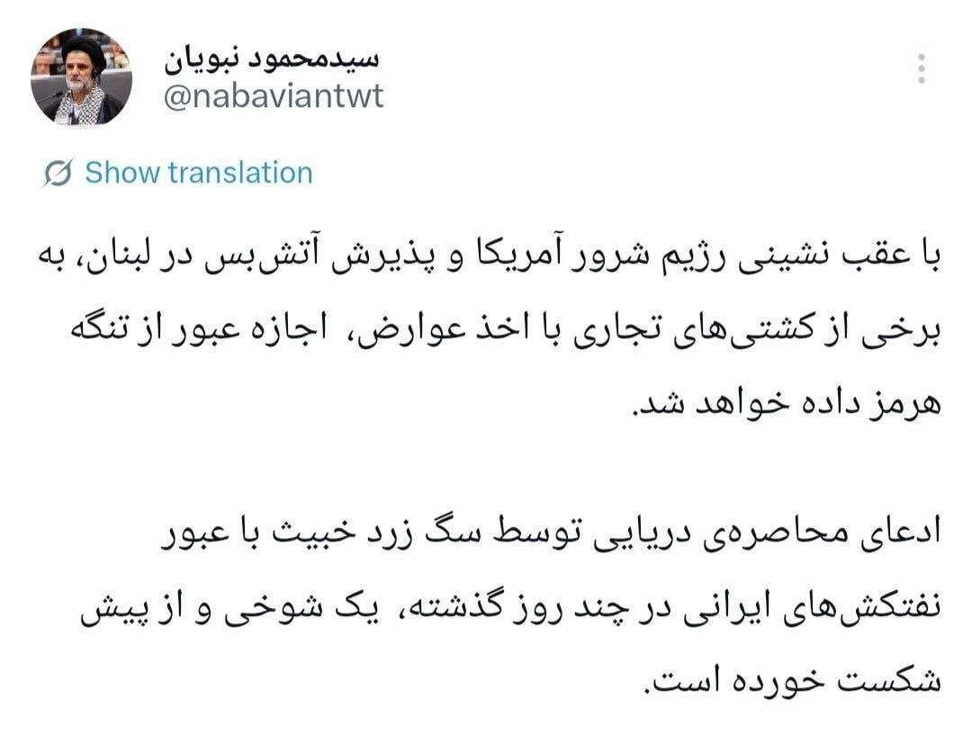 نبویان: فقط برخی کشتی&zwnj;های تجاری به شرط پرداخت عوارض اجازه عبور از تنگه هرمز را دارند