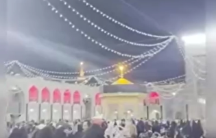 شعار الله اکبر زائران حرم مطهر امام رضا (ع) همزمان با فعال شدن پدافند هوایی برای مقابله با اهداف متخاصم