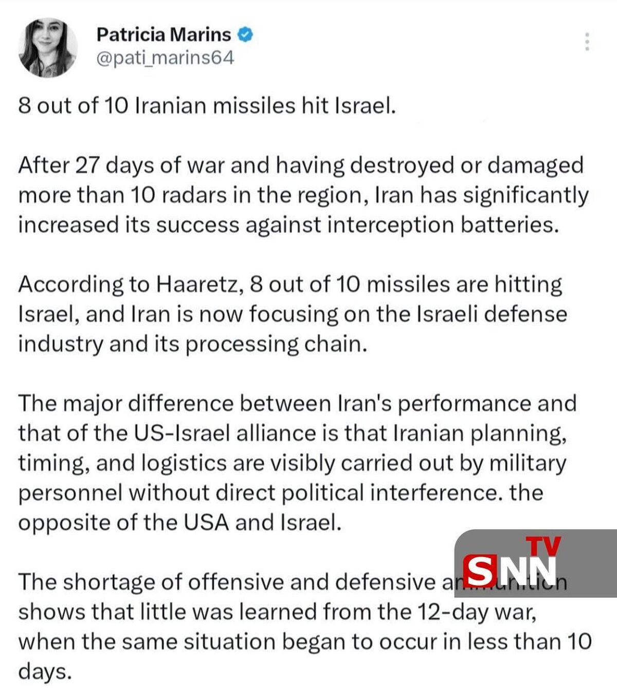 ۸ مورد از هر ۱۰ موشک ایران به اسرائیل اصابت می‌کند