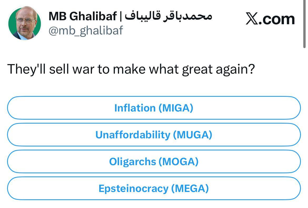 سوال قالیباف از مردم آمریکا و کنایه به شعار &laquo;آمریکا را دوباره با عظمت می&zwnj;کنیم&raquo;