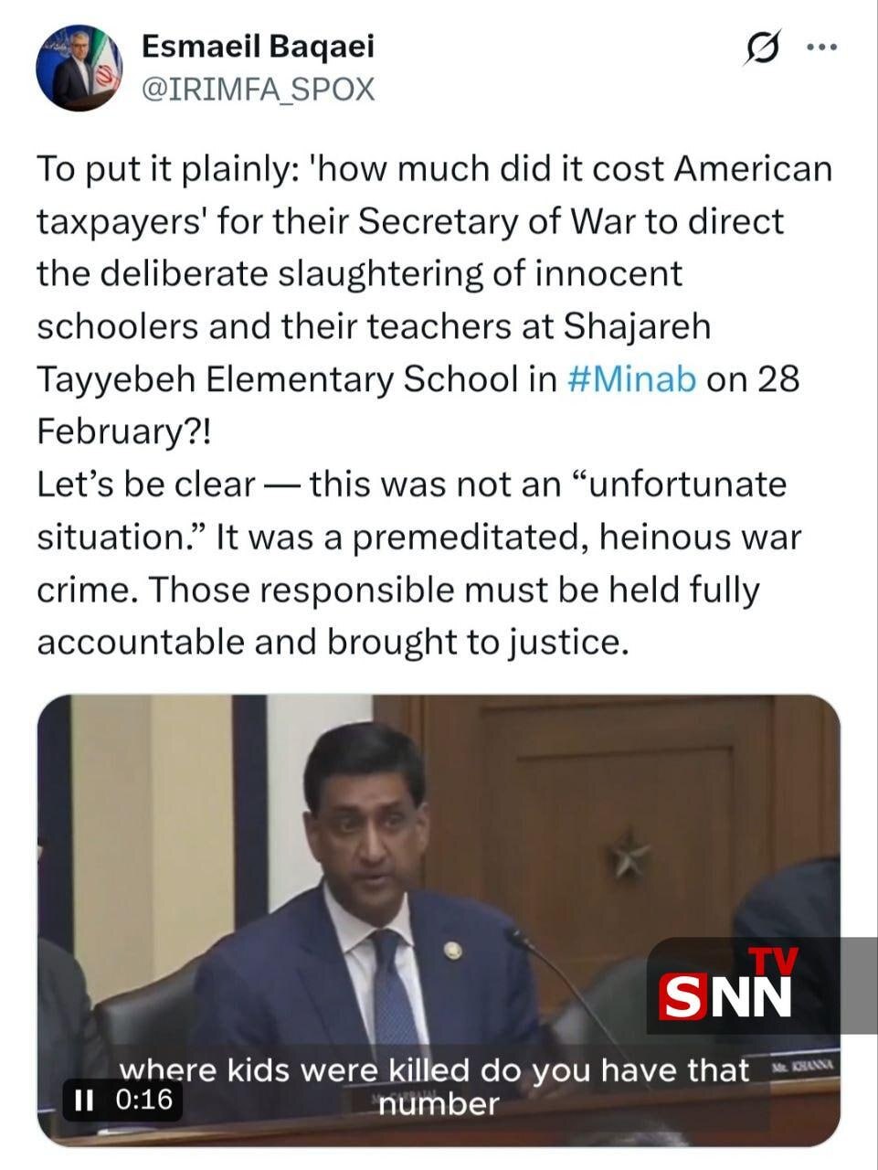 بقایی: کشتار دانش&zwnj;آموزان و معلمان مینابی، نه &laquo;یک اتفاق ناگوار&raquo;، بلکه یک جنایت جنگی سبعانه بود