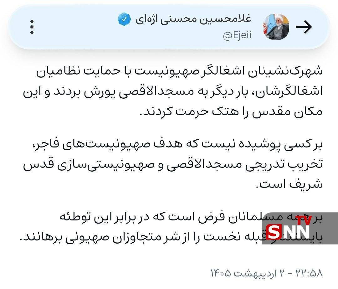 اژه&zwnj;ای: هدف صهیونیست&zwnj;ها تخریب تدریجی مسجدالاقصی است + عکس