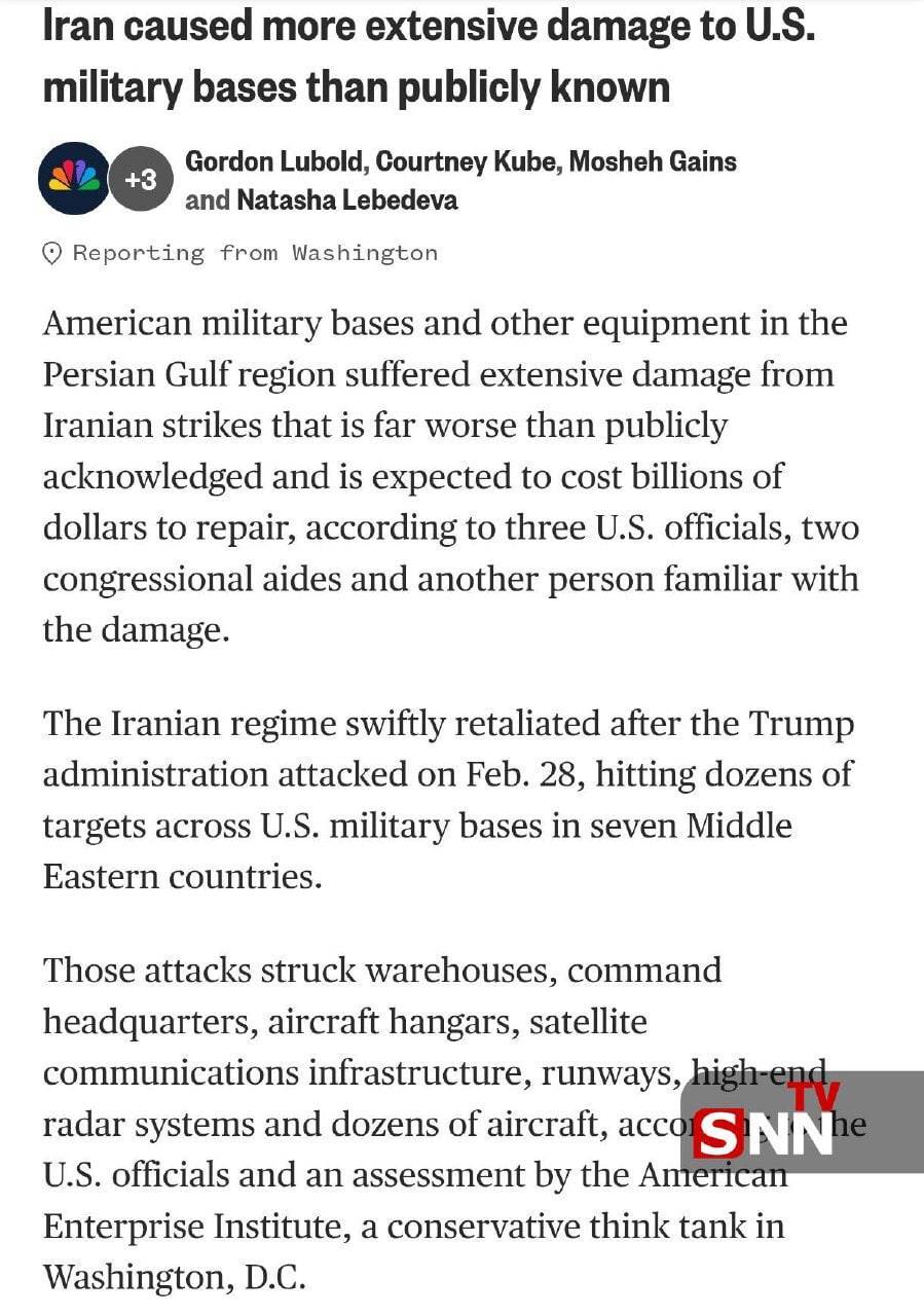 ان&zwnj;بی&zwnj;سی&zwnj; نیوز: خسارات وارده به پایگاه&zwnj;های آمریکا توسط ایران، بسیار گسترده&zwnj;تر از آمارهای رسمی است + عکس