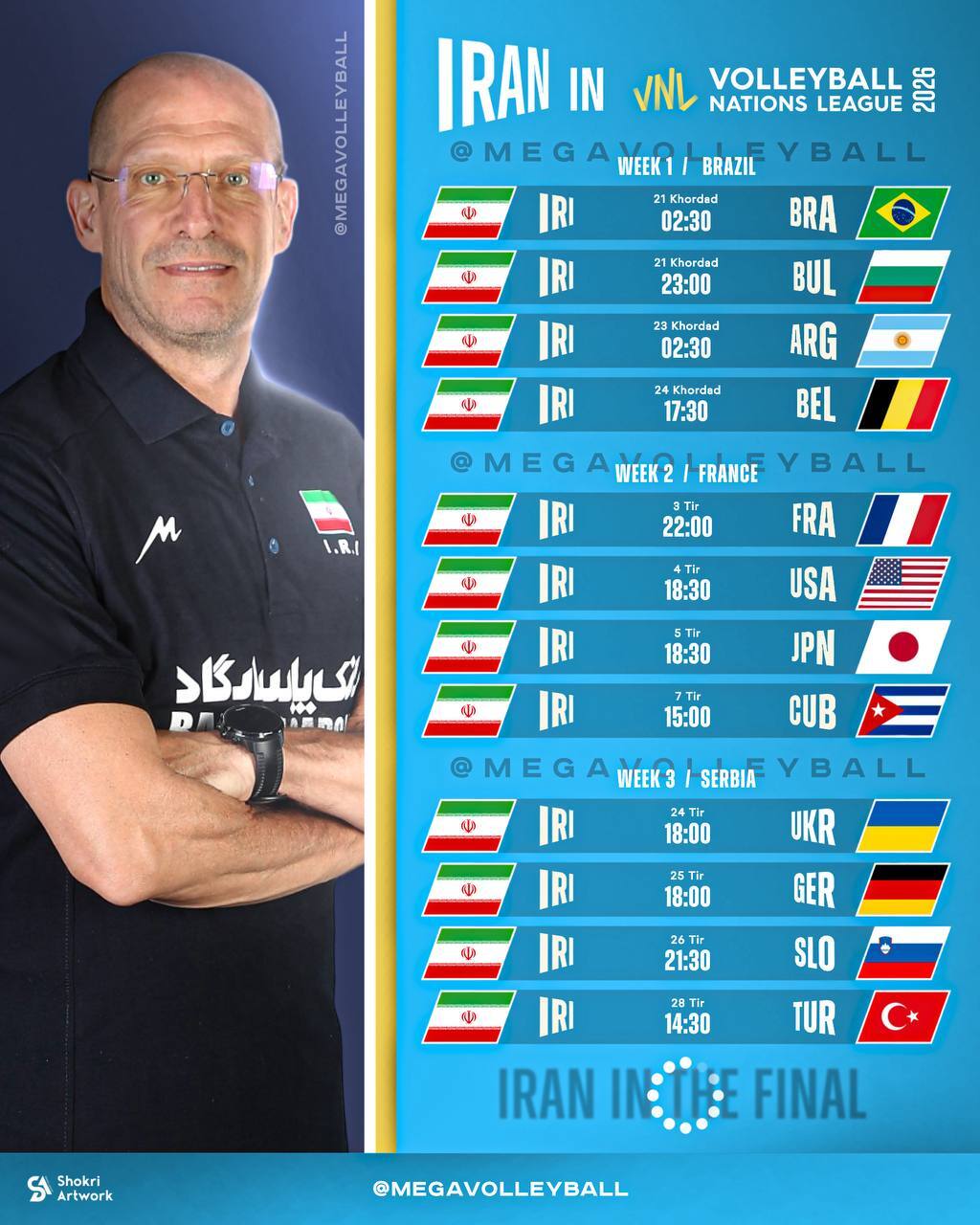 جدول زمان&zwnj;بندی مسابقات تیم ملی والیبال ایران در VNL 2026