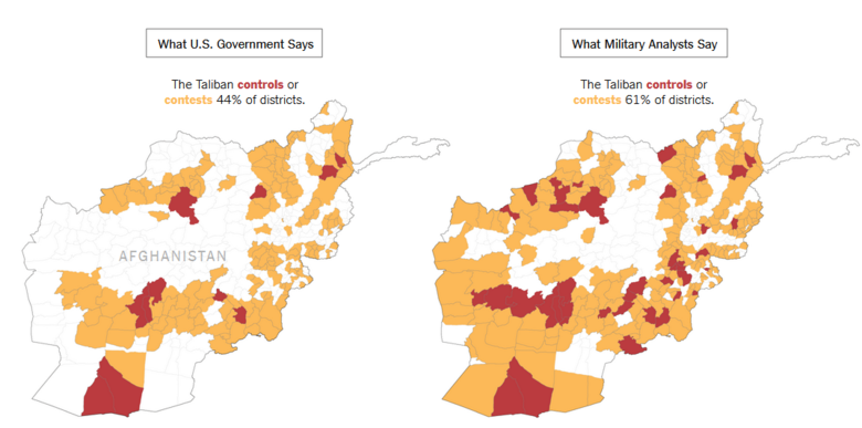 آمار اراضی خارج از تسلط دولت کابل و ارتش آمریکا متفاوت است و اغلب به گزارش بازرسی کل آمریکا در امور بازسازی افغانستان استناد می‌شود. با این حال، روزنامه مشهور نیویورک تایمز در گزارشی در سال ۲۰۱۸ پیرامون جنگ افغانستان، نقشه‌ای از تقسیم‌بندی قلمرو بین طالبان و دولت کابل منتشر کرد