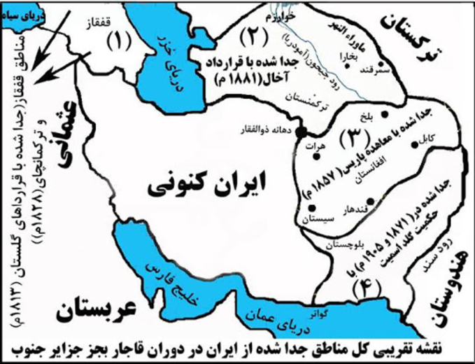 نقشه‌ای با مقیاس غیردقیق که در آن، بخش جداشده از ایران بر اساس معاهده پاریس به‌صورت تقریبی ترسیم شده است
