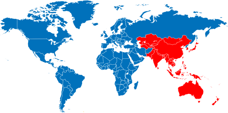 رنگ قرمز: کشورهای منطقه آسیا-اقیانوسیه 