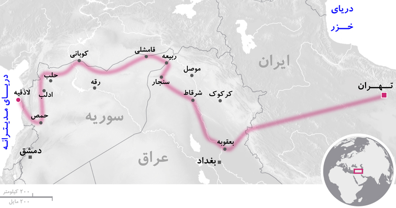 نقشه‌ای که سال ۲۰۱۶ از مسیر شمالی کریدور زمینی تهران-مدیترانه منتشر شد | منبع: «گاردین»