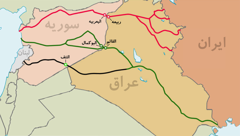 مسیر شمالی (قرمز) و جنوبی (سبز) کریدور زمینی ایران - مدیترانه