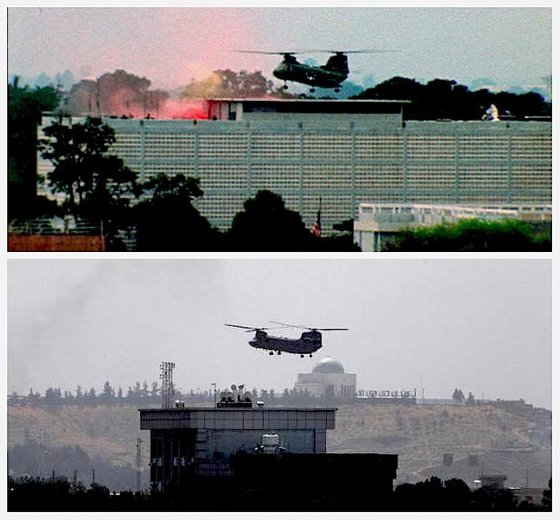 بالا: پرواز آخرین هلی کوپتر آمریکا از سفارت «سایگون» | پایین: هلی کوپتر آمریکا بر فراز سفارت در «کابل» 