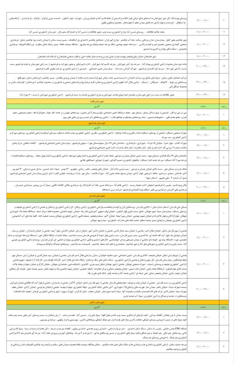 جدول قطعی برق ۱۳ مردادماه در چهارمحال و بختیاری