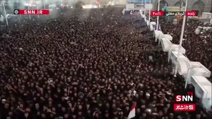 طنین انداز شدن شعار لبیک یا حسین در آغاز رسمی مراسم تعویض پرچم گنبد حرم حضرت سیدالشهدا (ع)