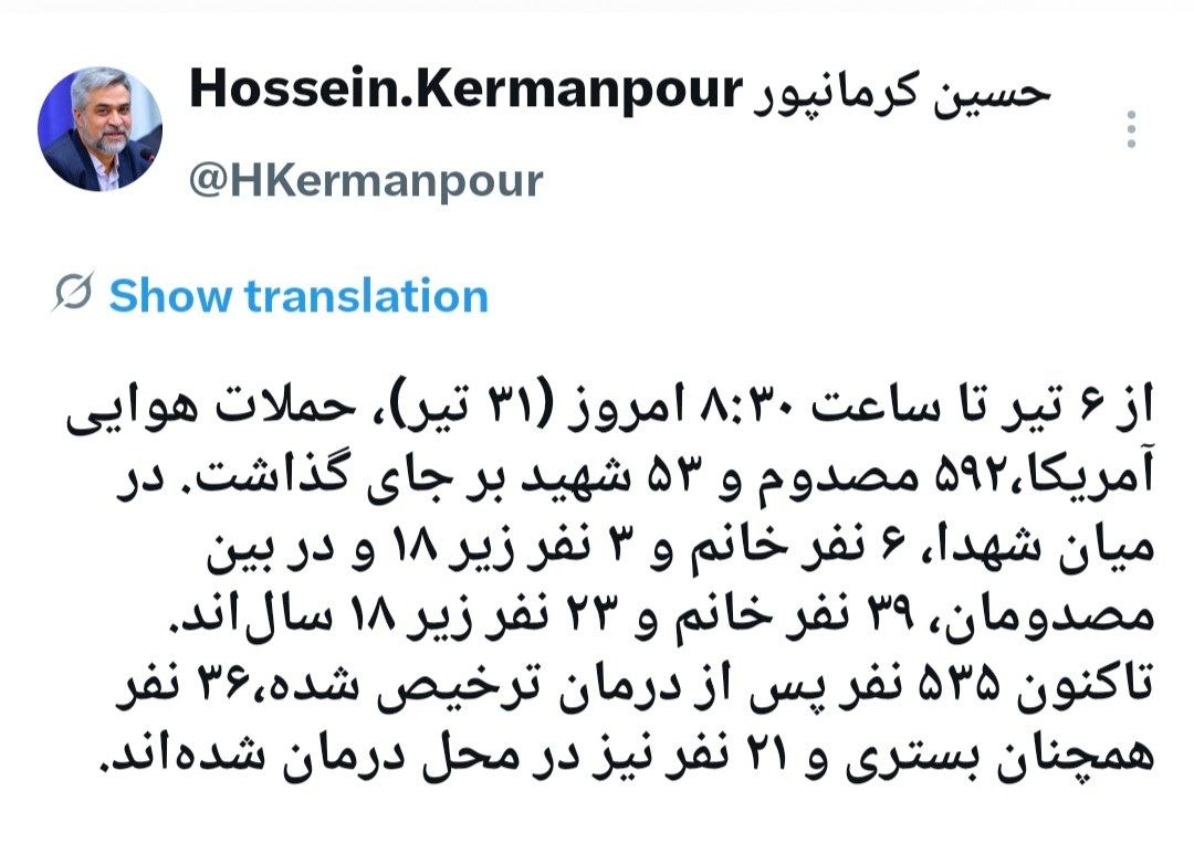 کرمانپور: حملات هوایی آمریکا ۵۳ شهید و ۵۹۲ مصدوم برجای گذاشت