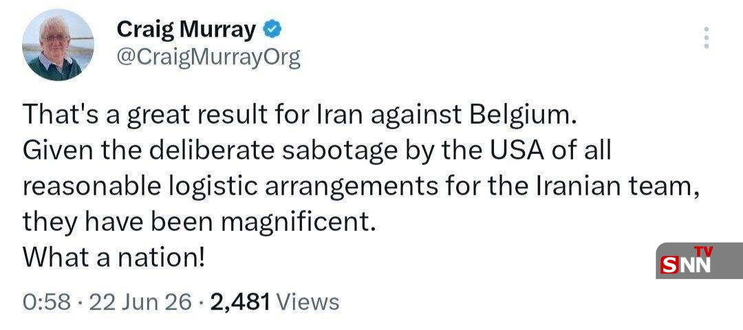کریگ موری، تاریخنگار و دیپلمات سابق انگلیسی: این نتیجه برای ایران مقابل بلژیک نتیجه بسیار خوبی بود. کریگ موری، تاریخنگار و دیپلمات سابق انگلیسی: این نتیجه برای ایران مقابل بلژیک نتیجه بسیار خوبی بود.