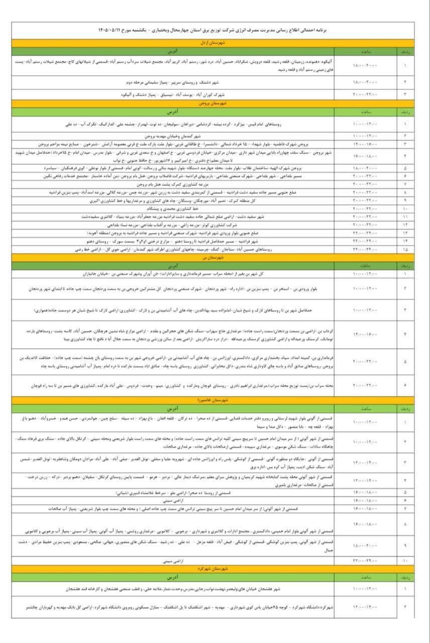 جدول قطعی برق چهارمحال و بختیاری در ۱۱ مرداد