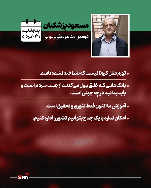 پزشکیان:

هر کسی به ستاد من بیاید، می‌پذیرم، چون میخواهم رای بیاورم!

تورم مثل کرونا نیست که شناخته نشده باشد

آموزش ما اکنون فقط تئوری و تحقیق است

امکان ندارد با یک جناح بتوانیم کشور را اداره کنیم