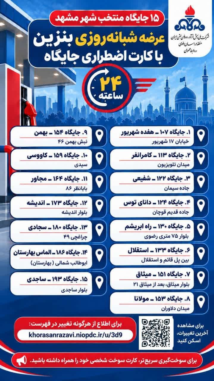 آدرس ۱۵ جایگاه منتخب بنزین آزاد به صورت شبانه‌روزی در مشهد اعلام شد + مسیریابی