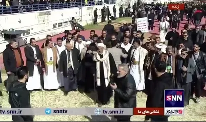 حضور هیات یمنی در ورزشگاه کمیل شمعون به منظور شرکت مراسم تشییع شهیدنصرالله و شهید صفی الدین