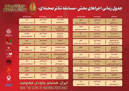 جدول اجرای آثار بخش &laquo;مسابقه تئاتر صحنه&zwnj;ای&raquo; بیستمین جشنواره بین&zwnj;المللی تئاتر مقاومت منتشر شد