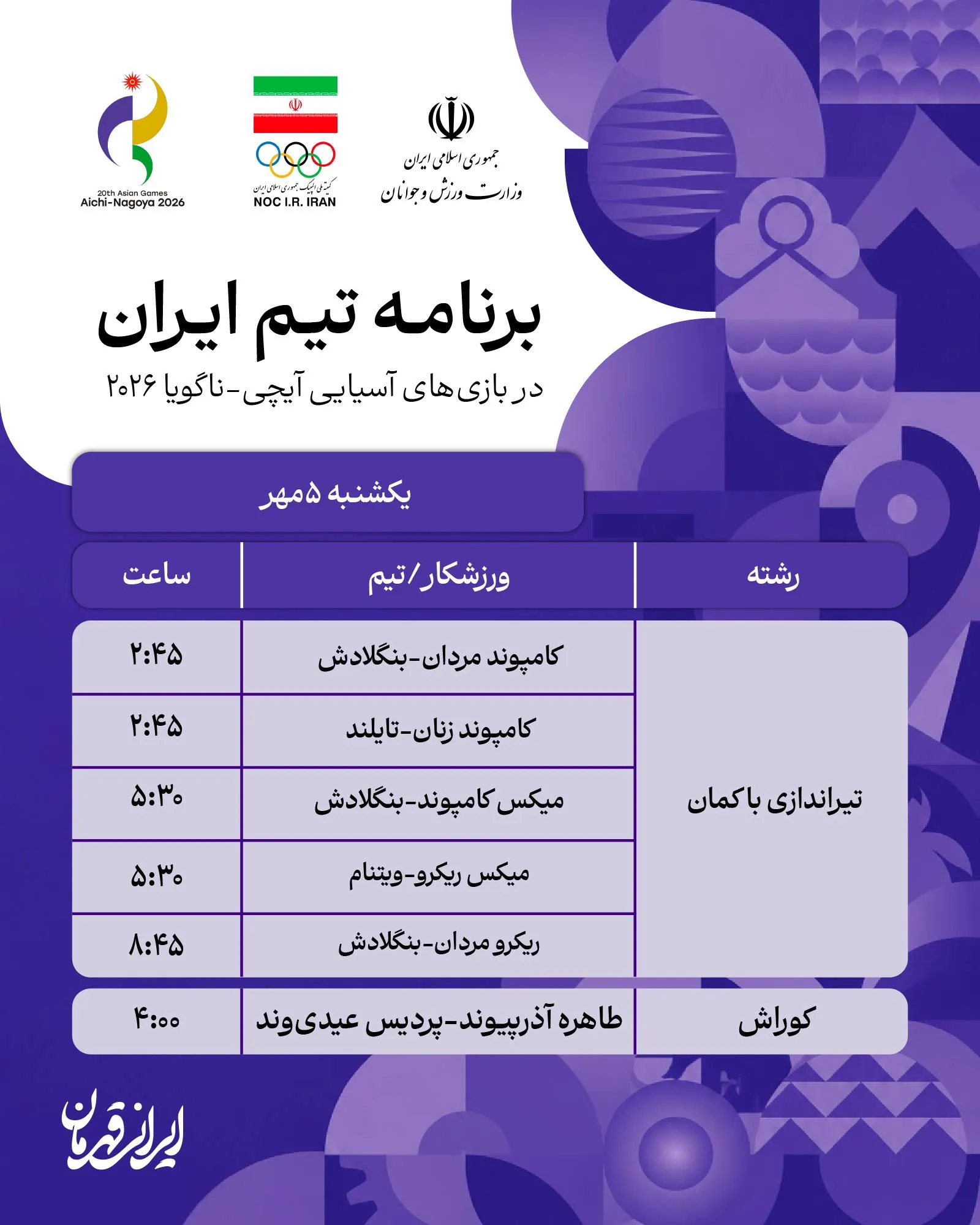 برنامه مسابقات نمایندگان ایران در روز هشتم بازیهای آسیایی ناگویا