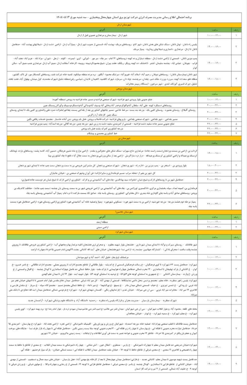 جدول قطعی برق ۱۳ مردادماه در چهارمحال و بختیاری