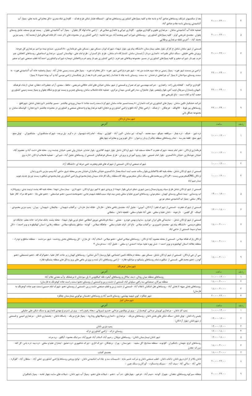 جدول قطعی برق ۱۳ مردادماه در چهارمحال و بختیاری