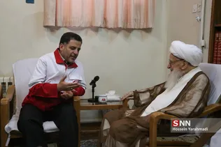 دیدار  مدیرعامل جمعیت هلال احمر کشور باآیت‌الله صافی گلپایگانی مرجع تقلید شیعیان